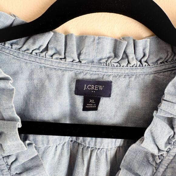 J. Crew Blue Chambray Ruffle Button Up Sleeveless Blouse XL Preppy Casual - Picture 5 of 10